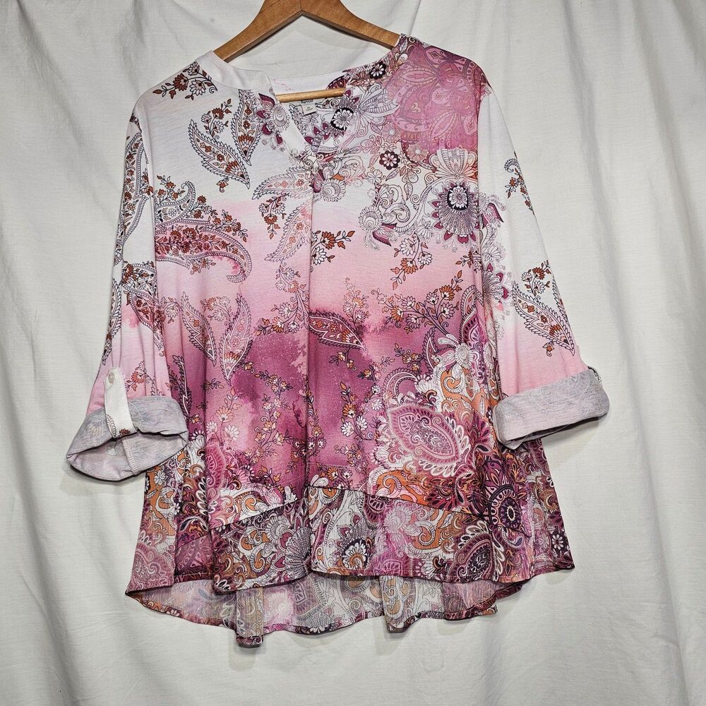 Croft & Barrow XL Pink Ombre Paisley Blouse Roll Tab Sleeve EUC